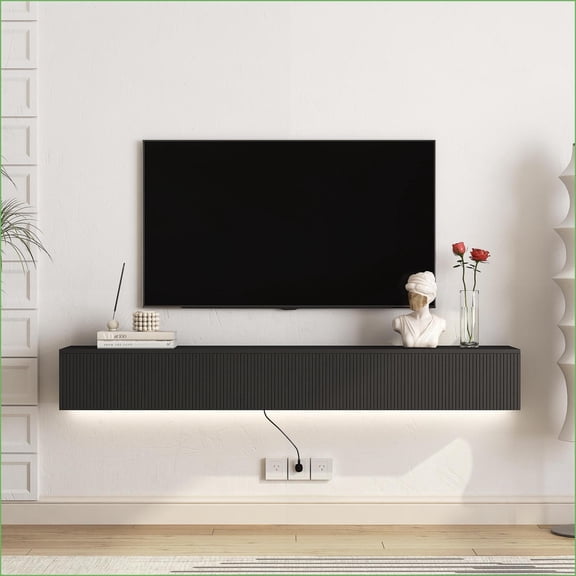 TV Furniture | 69" Modern Floating TV Stand with 16 Color LEDs, Wall Mounted for 55-65 Inch TVs | Black | TV Size Ranges 60-69 inches