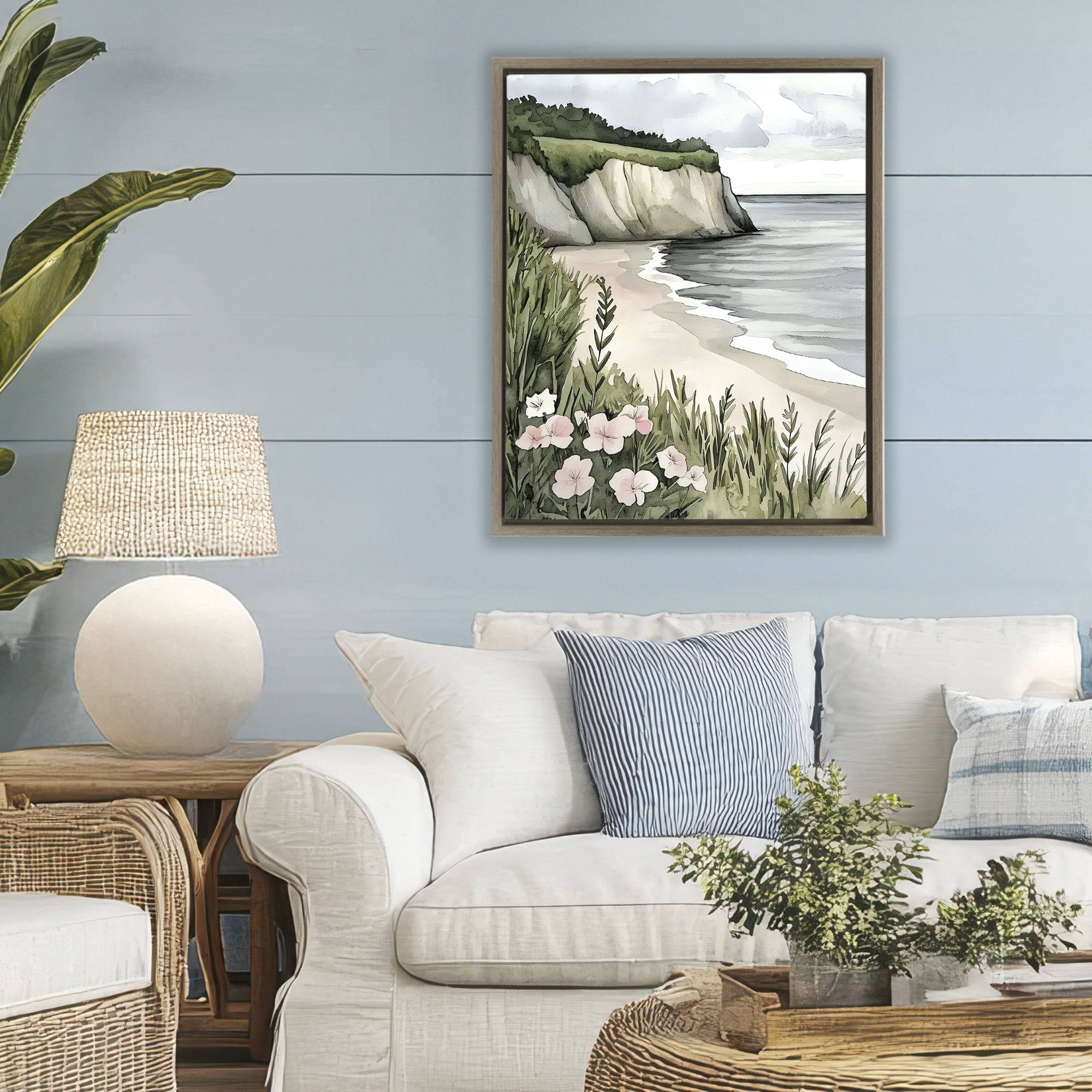 Stupell Industries Coastal Calm with Floral Blooms Brown Framed Floater Canvas Wall Art, design by Riley B