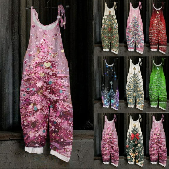 Resicozy Plus Size Christmas Linen Overalls for Woman 2025 Trendy Lightweight Print Jumpsuits Rompers Dressy Pajamas Multicolor M
