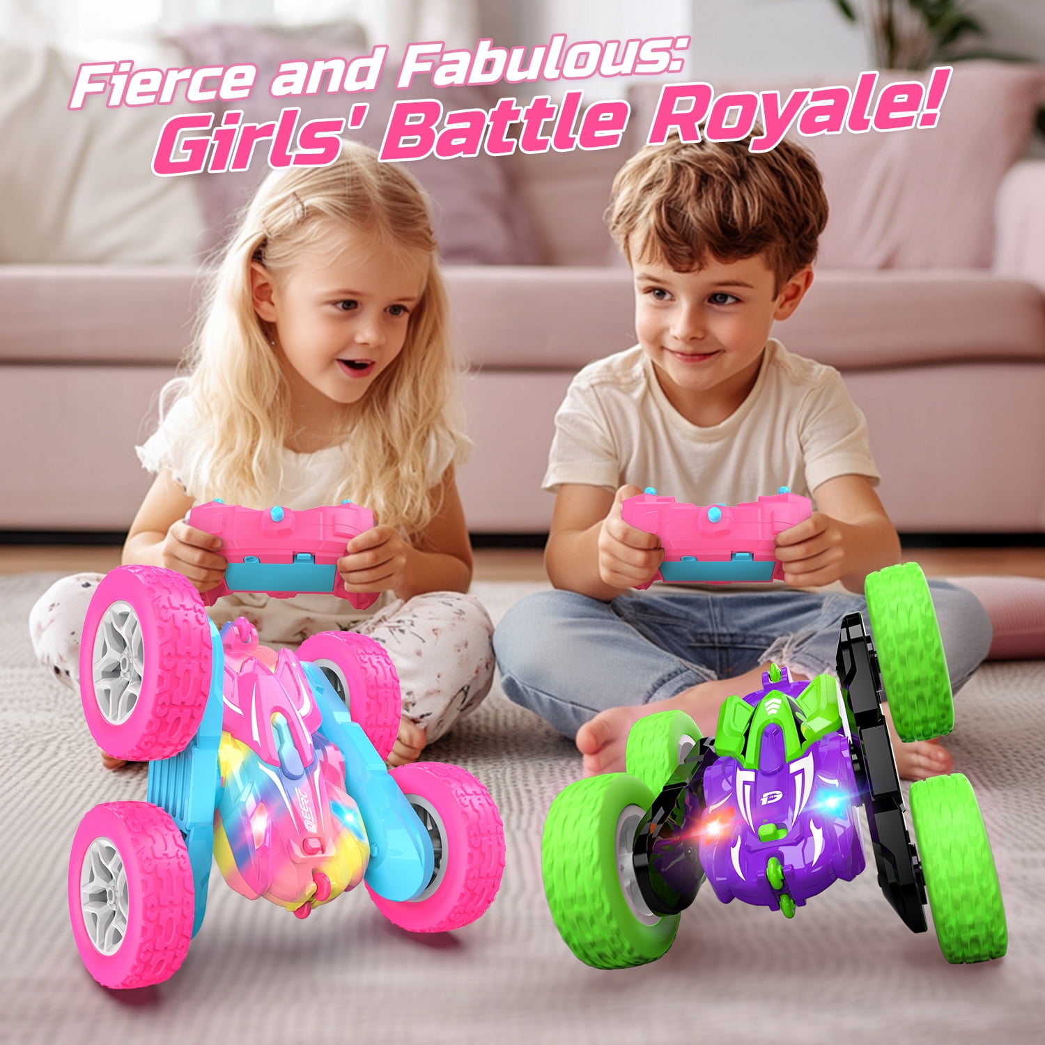 DEERC Rainbow Edition Remote Control Car for Girls, 2.4GHz Double Sided RC Car with 360° Rotation, LED Headlights, All Terrain Off-Road Stunt RC Truck, Birthday Gifts for Girls Aged 6-8