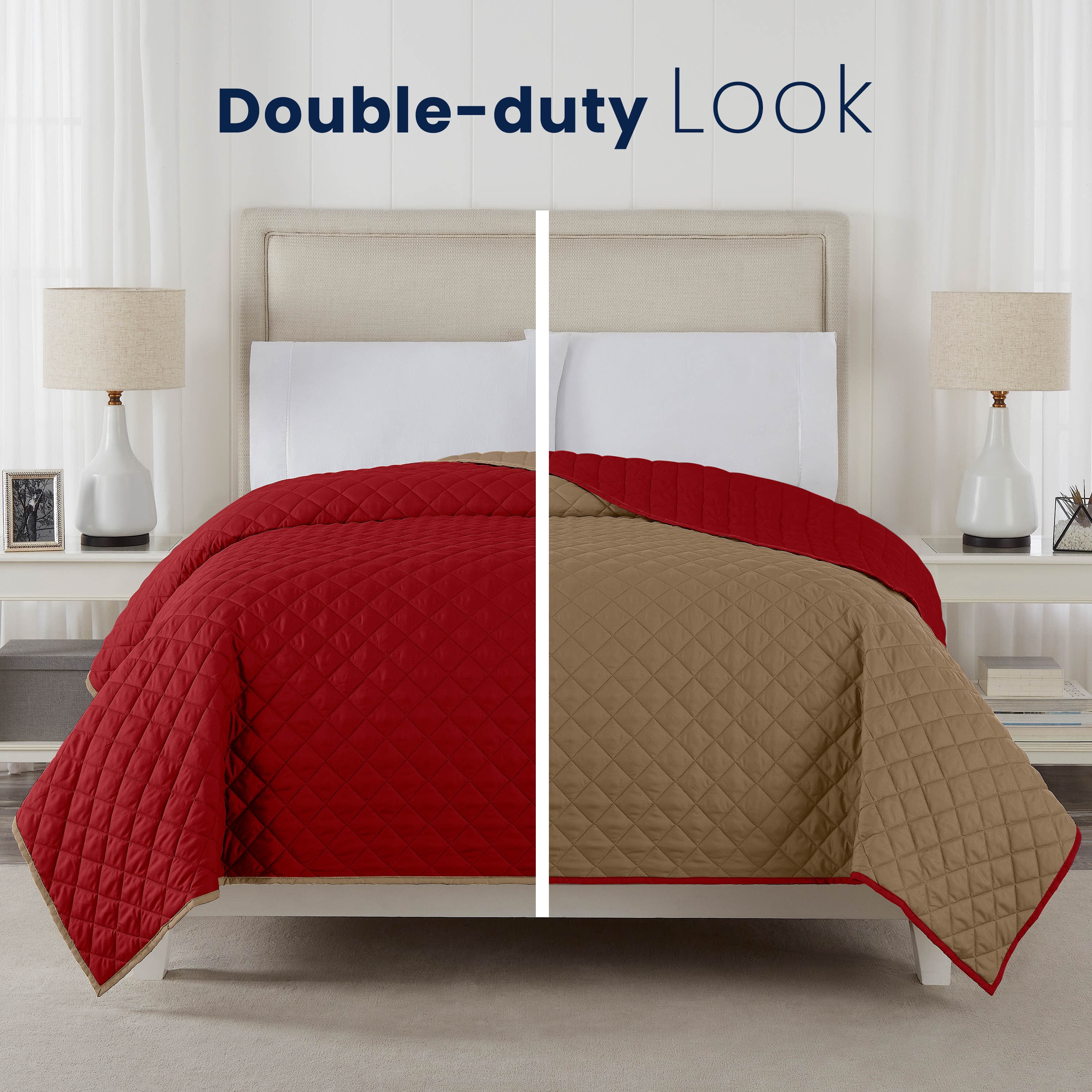 Martex Reversible Microfiber Twin Coverlet, Soft Lightweight Bedding, Khaki/Red