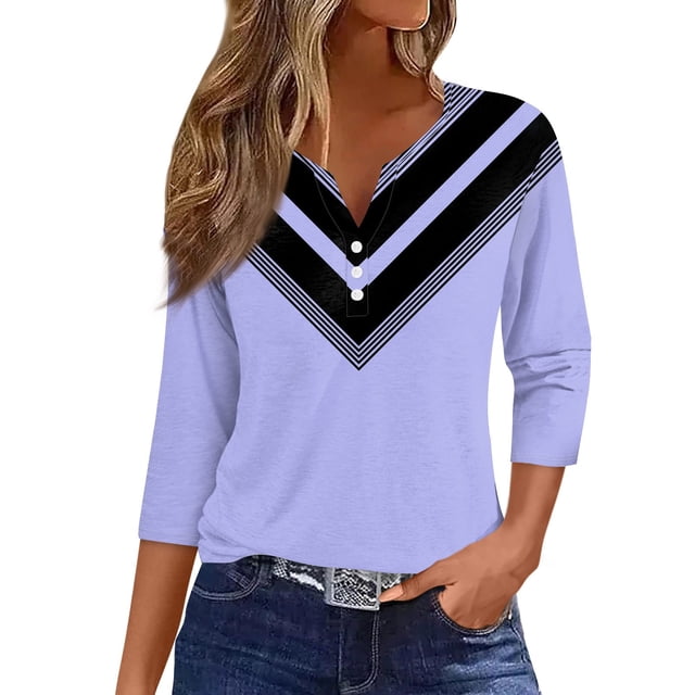CHOII 50% de descuento en camisetas de mujer 2024. Camiseta con botones, manga 3/4, básica, cuello en V, para uso diario y fin de semana. Blusas de verano para mujer, manga tres cuartos, morado/2XL.
