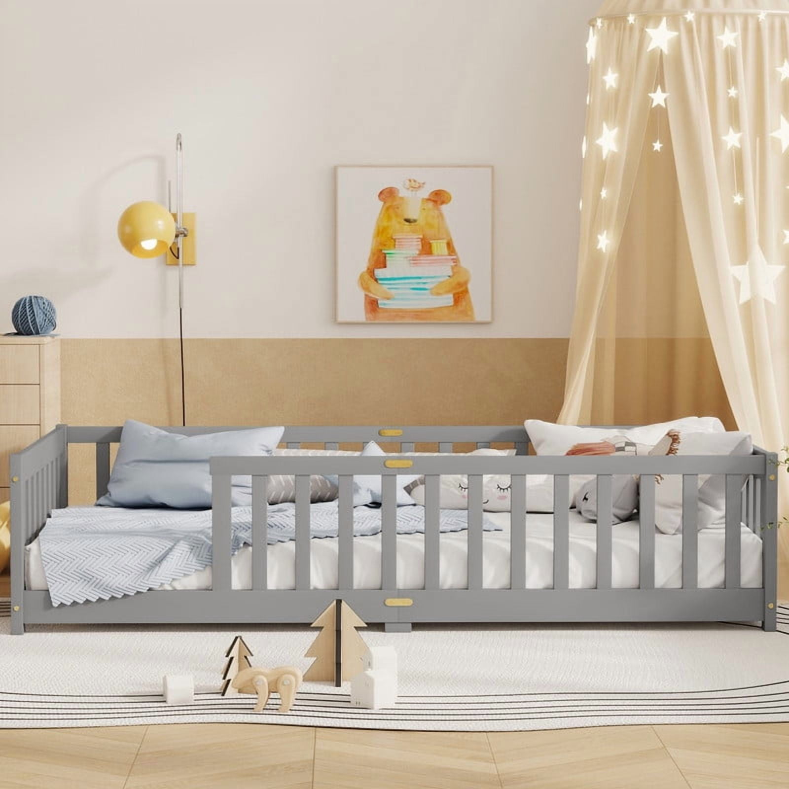 Mirightone Twin Size Floor Bed, Wood Montessori Floor Beds with Fence Railings and Slats Support, Twin Playhouse Bed Frame, No Box Spring Needed, (Grey)