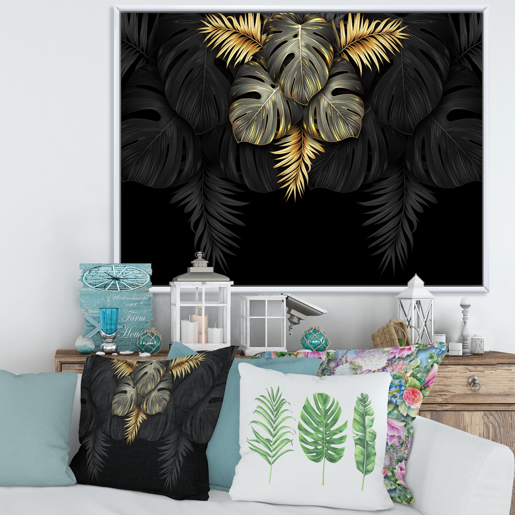 Designart 'Gold and Black Tropical Leaves IV' Modern Framed Canvas Wall Art Print