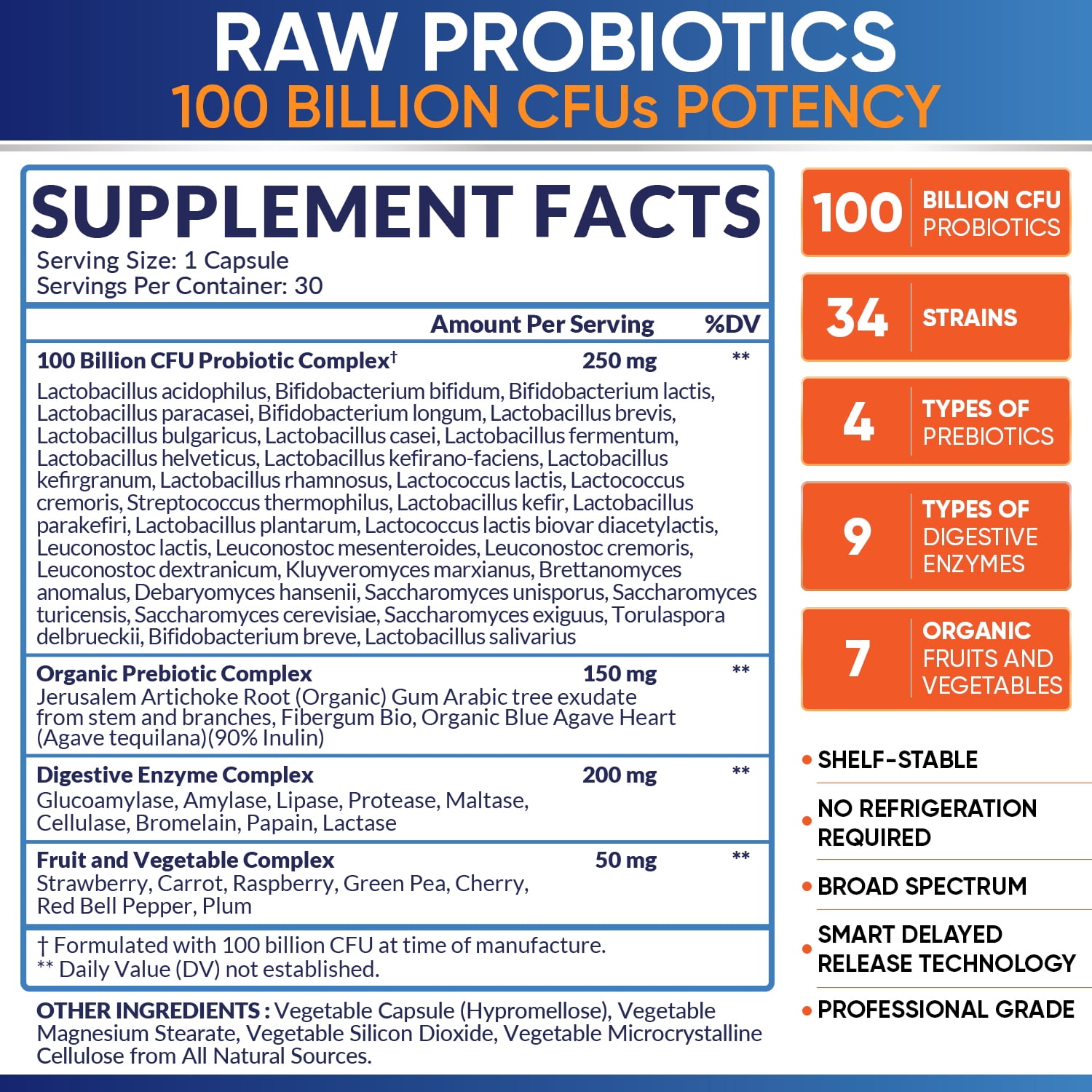 Probiotics 100 Billion CFU, Probiotics for Women, Probiotics for Men and Adults, Shelf Stable Probiotic Supplement with Prebiotics & Digestive Enzymes; 30 Capsules