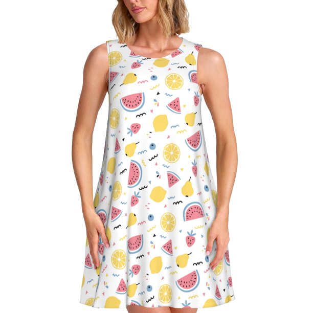 Balery Watermelon And Lemon Vestidos de verano para mujer con estampado: vestido holgado sin mangas, vestido playero informal y cómodo para días calurosos.