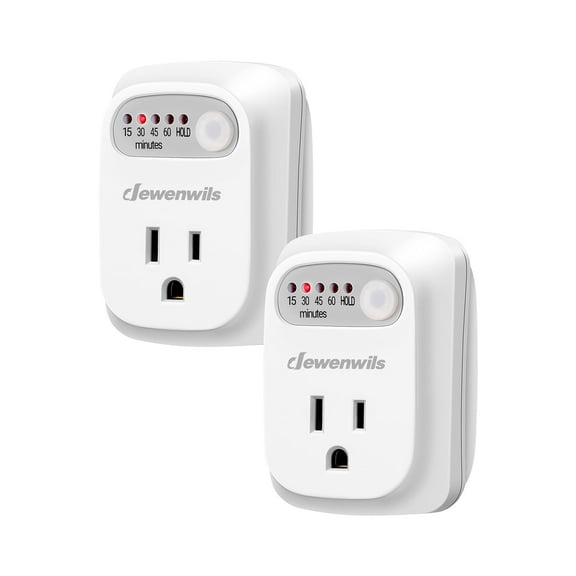 DEWENWILS Indoor Countdown Timer Outlet, for Christmas 5/30/45/60min Settings, Auto Shut Off Safety Outlet for Lights, Seasonal Decor, Coffee Pot, 125V/15A/1000W, Grounded, 3 Prong, 1/3 HP, 2 Pack