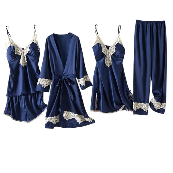 Womens Pajama Sets Sexy Lace Trim Robe Nightgown Cami Tops Long Pant & Shorts 5 Piece Lounge Set Bride Sleepwear