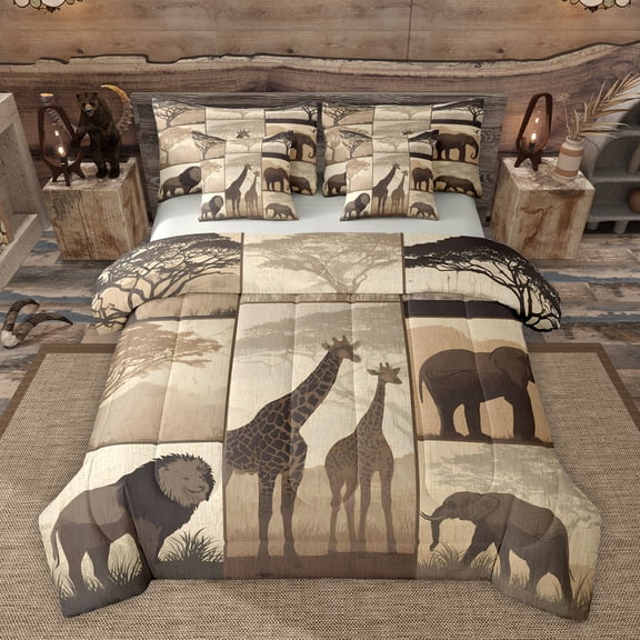 Homewish Boys Girls Animal Giraffe Lion Elephants Twin Bedding Sets 7-Piece,Vintage Retro Aesthetic Bedding Comforter Set Microfiber,African Savanna Wildlife Breathable Sheet Sets