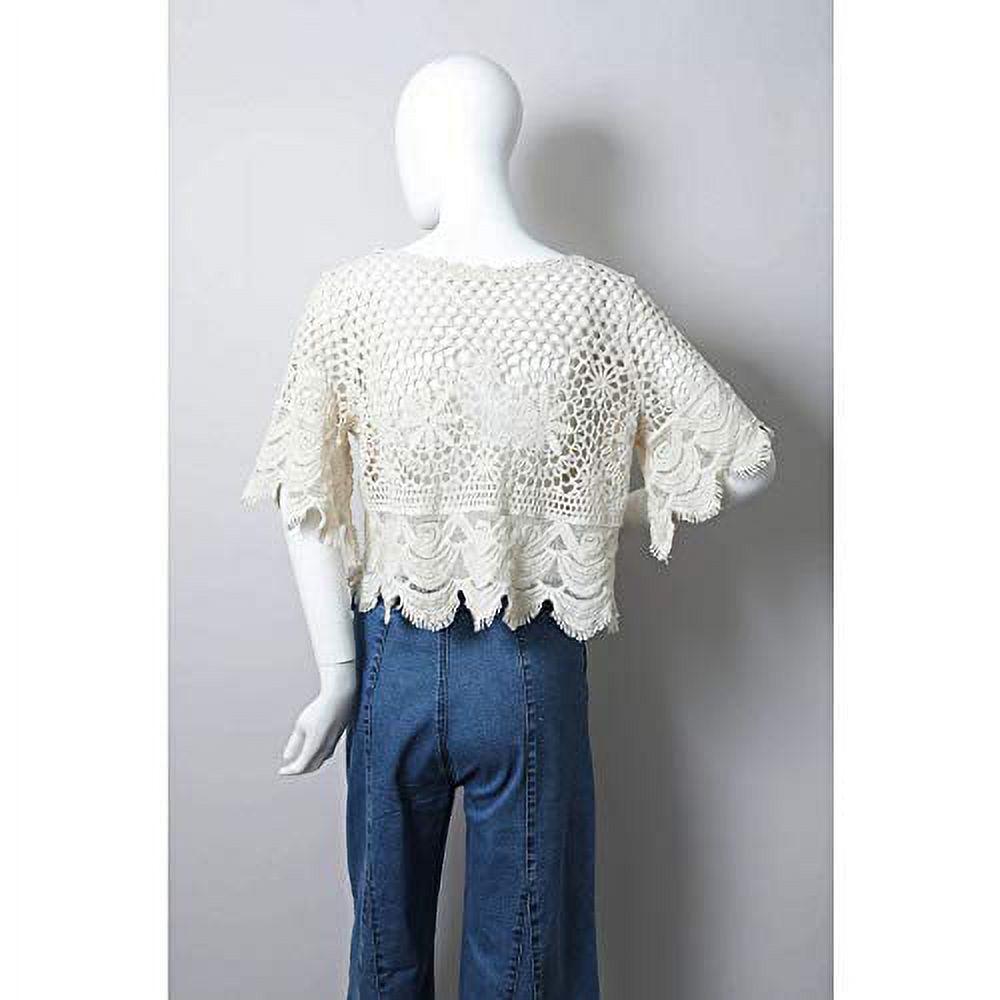 Women's Crochet Short Sleeve Crop Sexy Sheer Blouse Mesh Lace Crop Top (Natural) - image 3 of 4