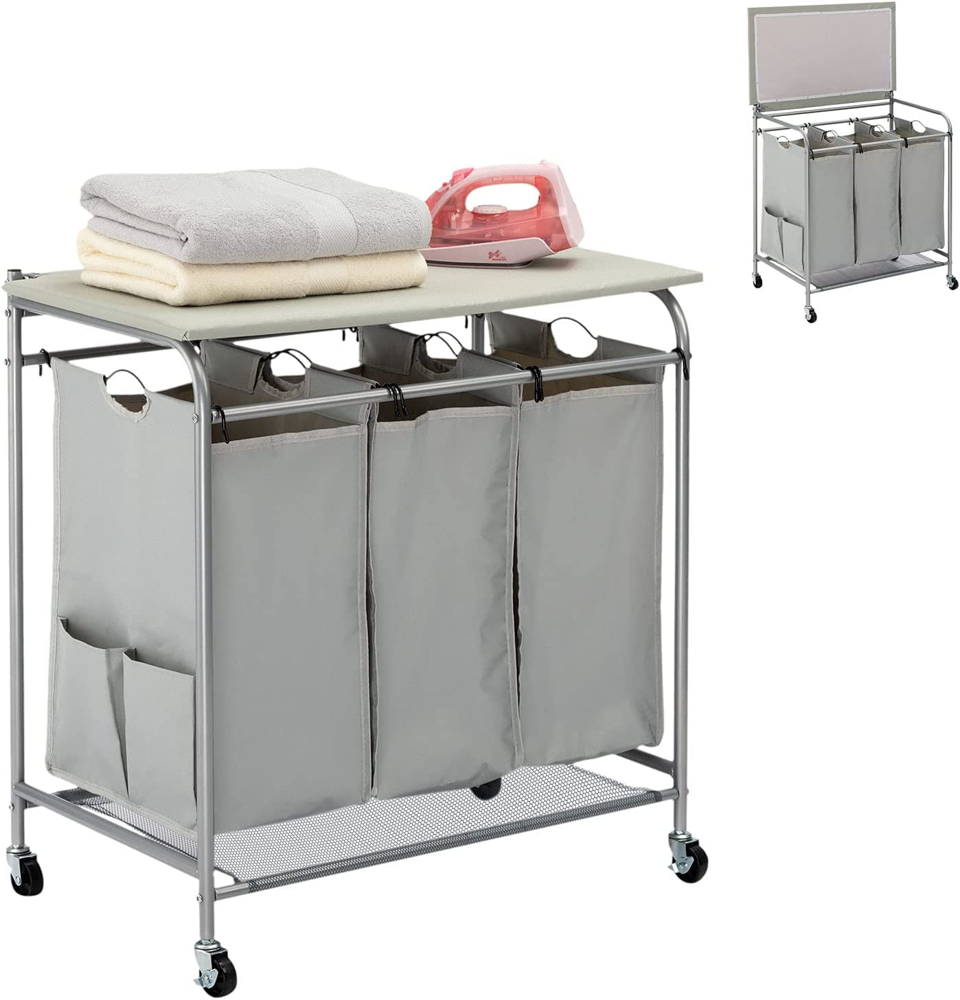 HollyHOME Laundry Sorter Cart with with Side Pull 3-Bag Ironing Board Heavy-Duty 4 Wheels Laundry Hamper Light Grey 