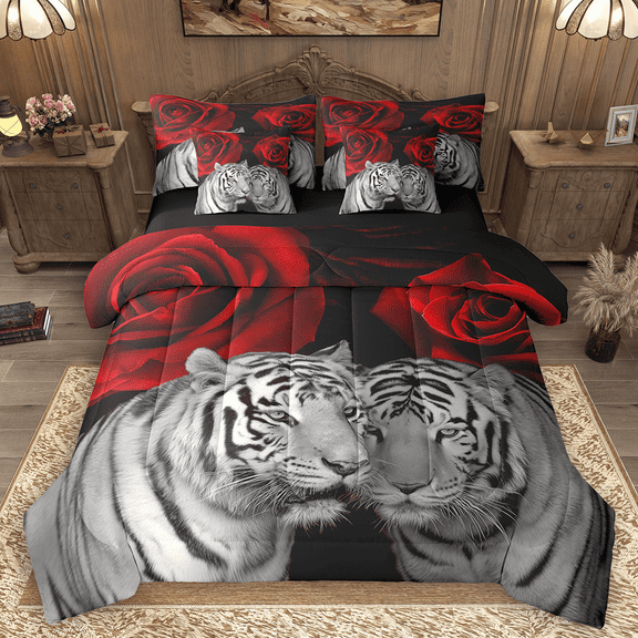 Manfei Jungle Tiger Twin Bedding Sets 7pcs, Romantic Red Rose Bedding Comforter Set, Animal Floral Sheet Sets, Lightweight Room Decor