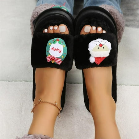 

Mishuowoti slipper for women 2023 Ladies Fashion Solid Color Cartoon Christmas Decoration Plush Casual Flat Cotton Slippers