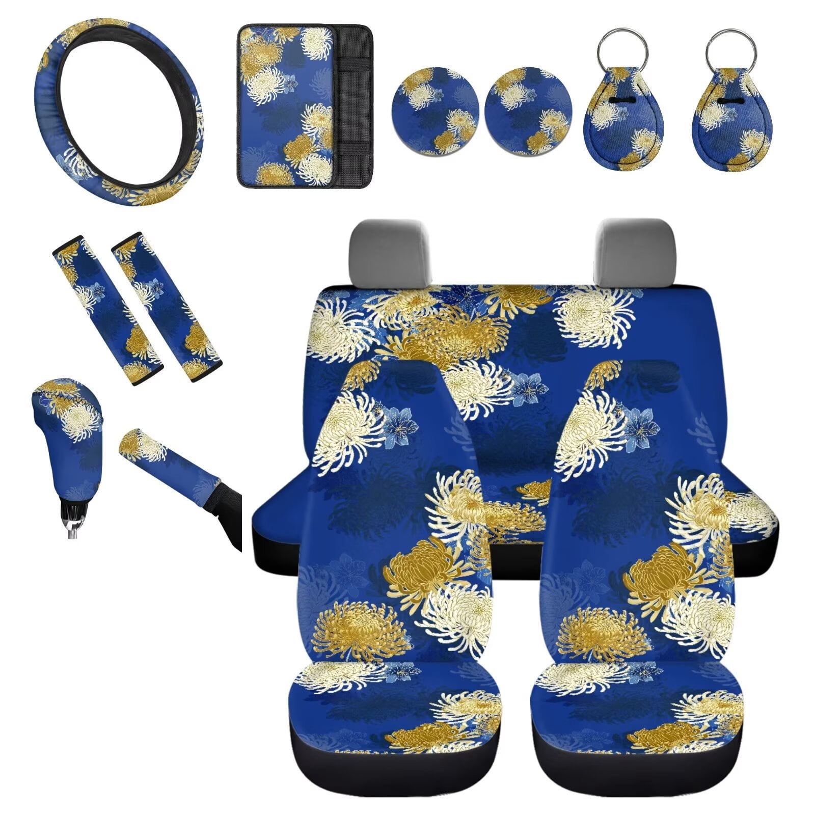 Chririnla Flower Pattern Car Seat Accessories 14 Pack Full Set Non-Slip Vehicle Front Back Seats Cushions Sets with Steering Wheel Cover, Armrest Mat, Keychain Car Interior Essentials