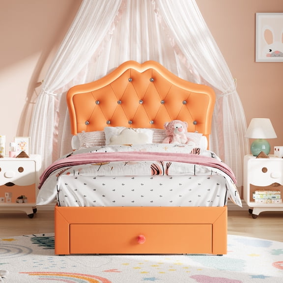 Twin Size Bed Frame with LED Lights & Velvet Crystal Button Headboard, Upholstered Princess/Girl Platform Bed with Storage Drawer, Noise Free, No Box Spring Needed