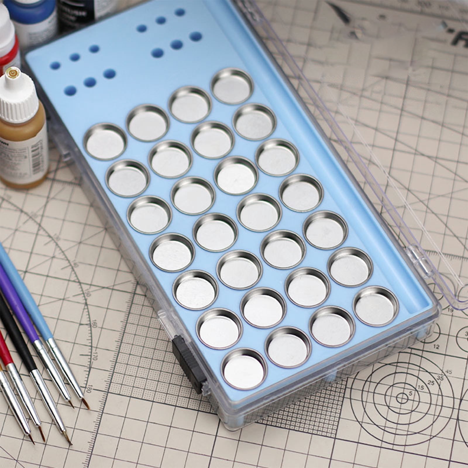 28-Slot Metal Paint Palette Durable, Reusable Design with Brush Holders and Tool Compartment