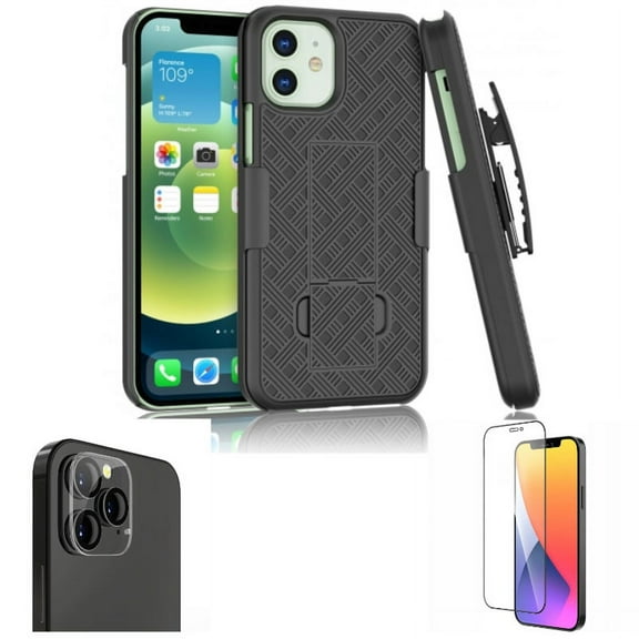 For iPhone 12 Pro Max (6.7) - Case Swivel Belt Clip Holster with Tempered Glass Camera Lens Protector and Anti-Glare Screen Protector