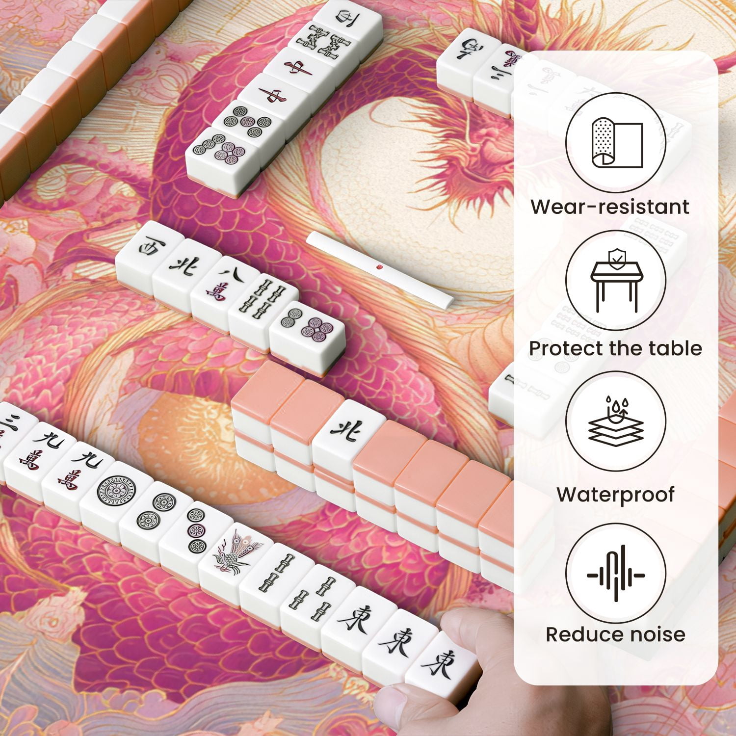 Chinoiserie Mahjong Mat 31.5" x 31.5" Regal Chinese Dragon Pink Gold Scales Clouds Non-Slip Noise Reduction Mahjong Tiles Table Cover for Dominoes Poker Card Board and Tile Games