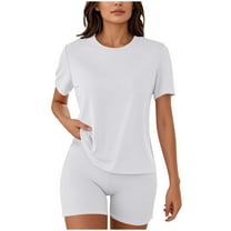 AherBiu Workout Sets for Women 2 Piece Summer Outfits Short Sleeve Basic Tshirts with Elastic Short Leggings Bottoms Set