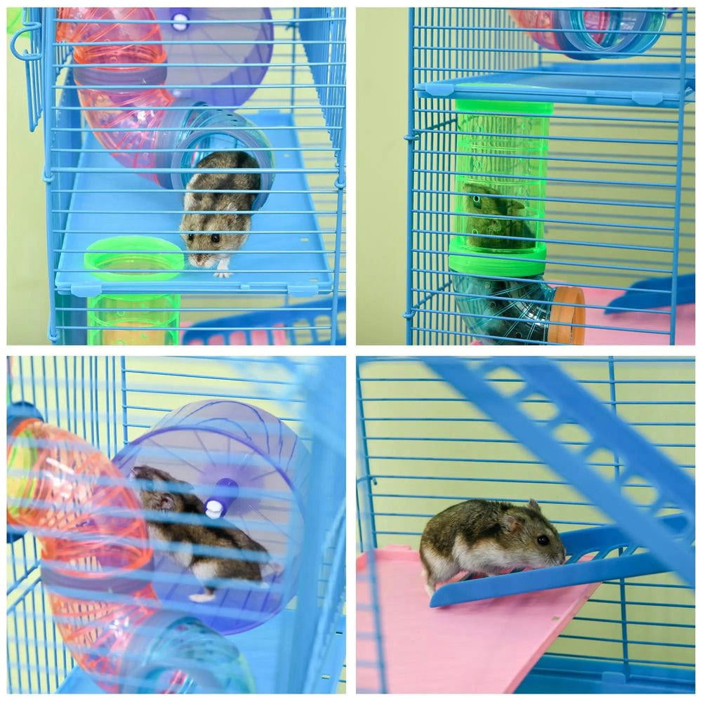 Resenkos Pet Mouse Cage, Hedgehog Cage,5 Tier Hamster Cage with Tubes and Tunnels, Rat Gerbil Cage with Water Bottle, Blue