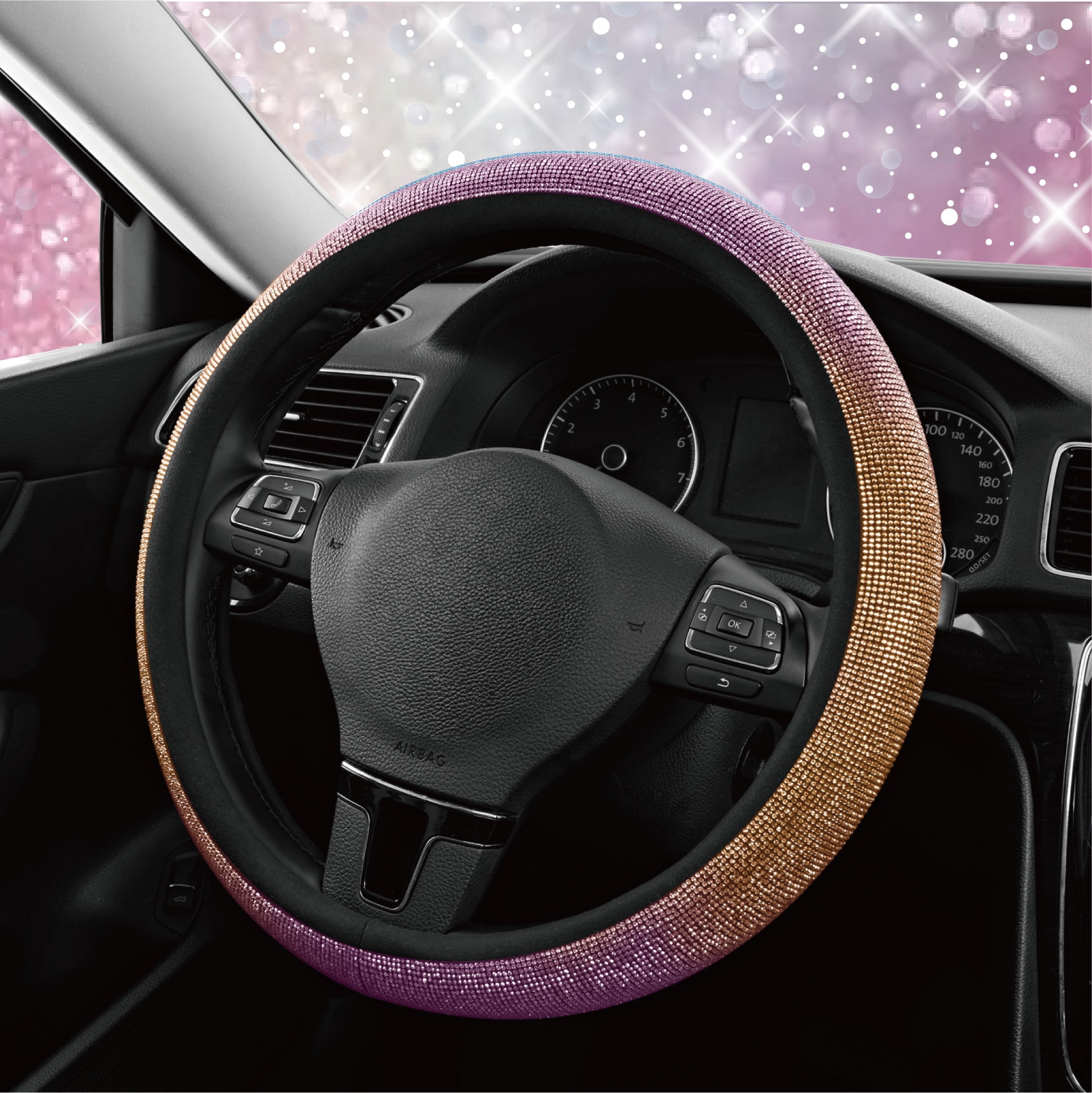 Auto Drive Bling Diamond Steering Wheel Cover, Sparkly Crystal Grip, Universal Fit for Cars,SUVs Pink Orange
