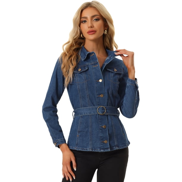Chaqueta de mezclilla Allegra K con Cinturón para mujer Vaquera Azul oscuro XS