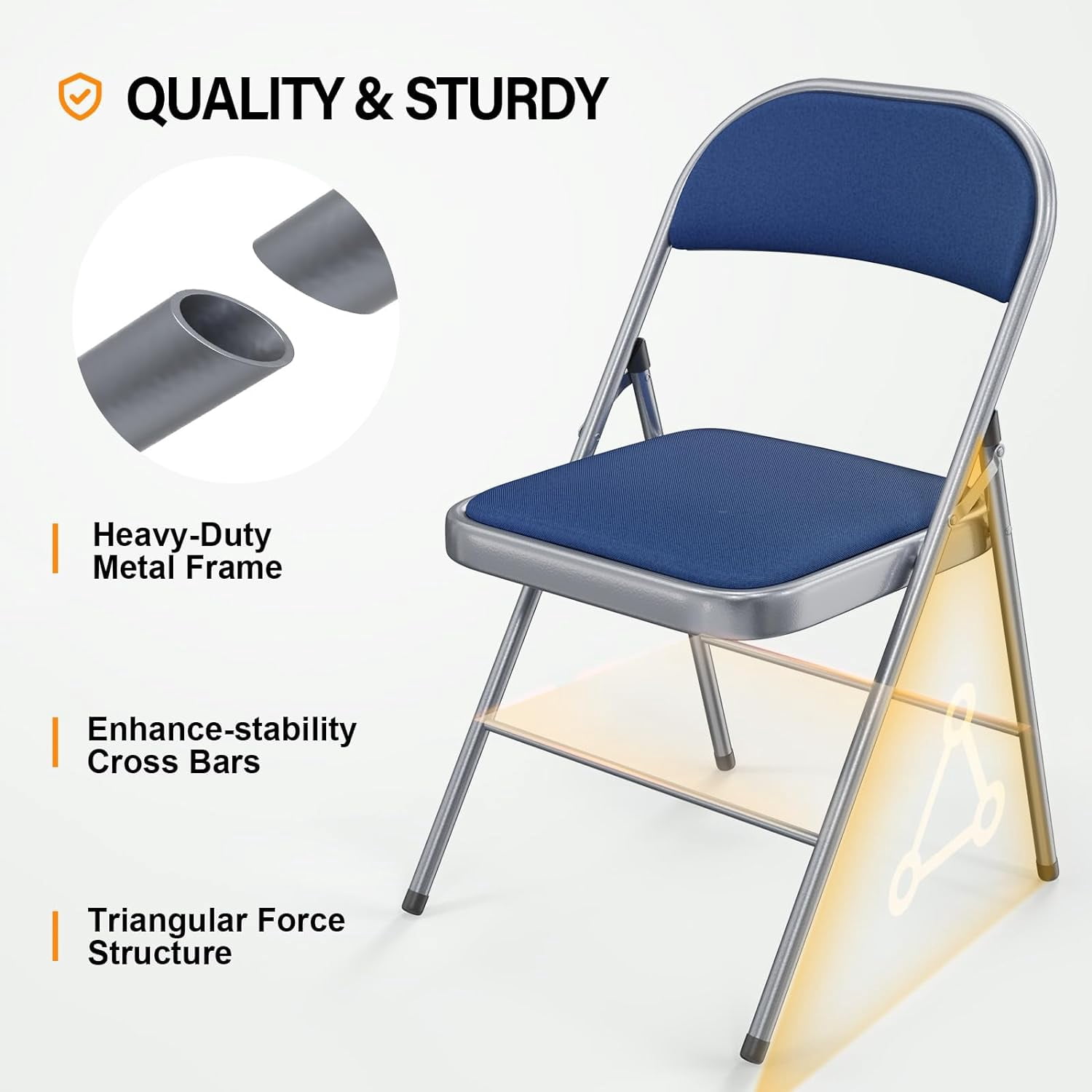 VINGLI Folding Chairs with Padded Seats, Metal Frame with Fabric Seat & Back, Capacity 350 lbs, Blue, Set of 6