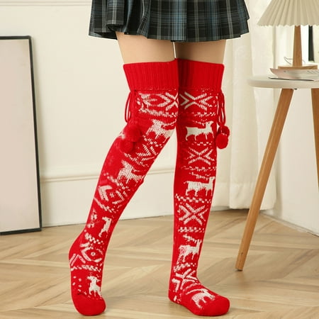 

6 pair Women Casual Christmas Knitted Over Knee Stockings Wool Ball Pile Socks Color Random
