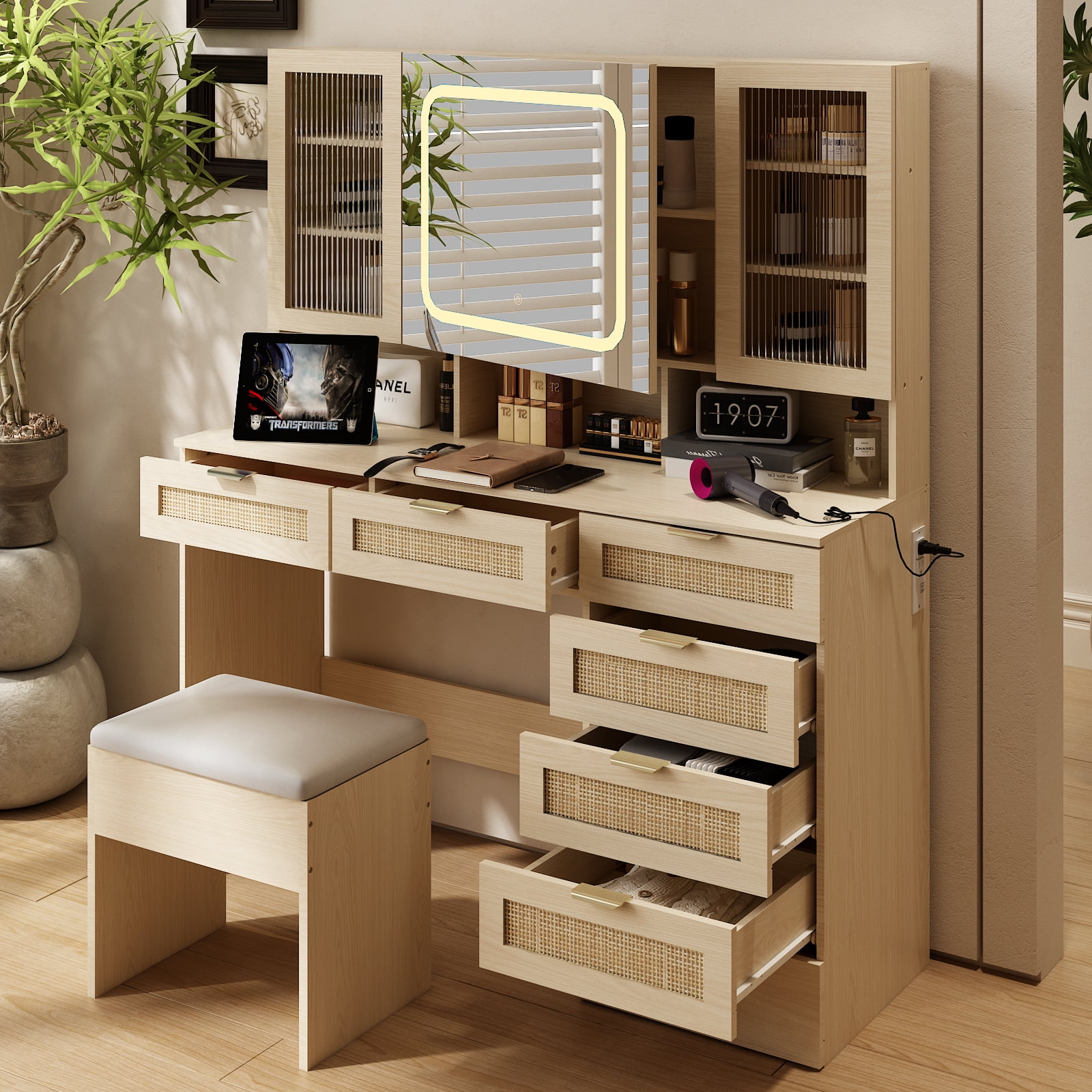 Ktaxon Large 47.24" Makeup Vanity Table Set with Hidden Storage, 7-Drawer Dressing Table, Bedroom Makeup Table, Natural
