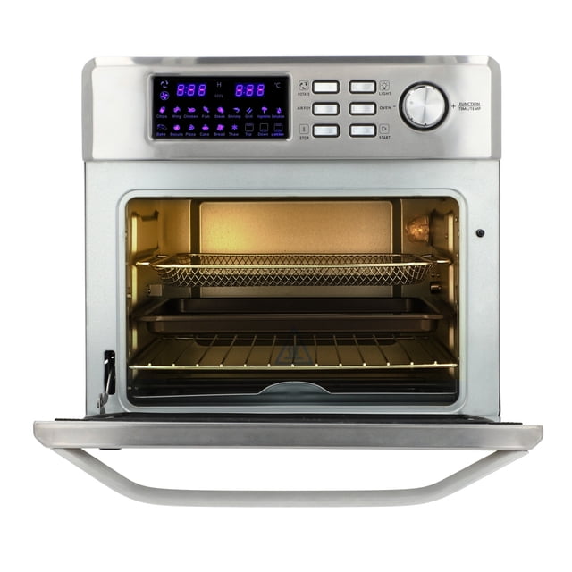 horno eléctrico y freidora de aire 25l 127v melix Odipo, freidora de aire multifunciones 25 L 127 V; vista frontal con puerta abierta mostrando interior iluminado de acero inoxidable, panel digital LED y botones superiores con perilla, bandeja para hornear, rejilla y accesorio para rostizar colocados, quemadores superior e inferior visibles, diseño compacto ideal para cocinar raciones pequeñas y para tostar, hornear o deshidratar en casa.