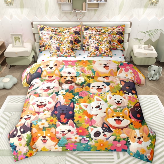 Manfei Kawaii Pet Dogs 7-Piece Twin Bedding Sets,Color Cartoon Flowers Bedding Comforter Set,Cute Daisy Blossom Sheet Sets For Girls Boys,Microfiber Bedroom Decor Reversible