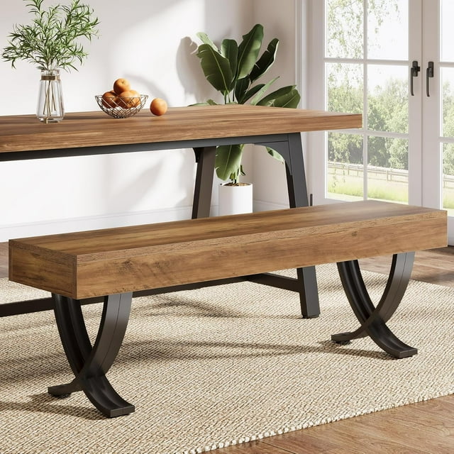 Fnova 55" Entryway Bench, Farmhouse Long Shoe Bench, Backless Wooden Seat for 2-3, End of Bed Stool with Metal X-Shaped Legs, Kitchen Table Seat Dining Seat for Entryway, Hallway, Living Room