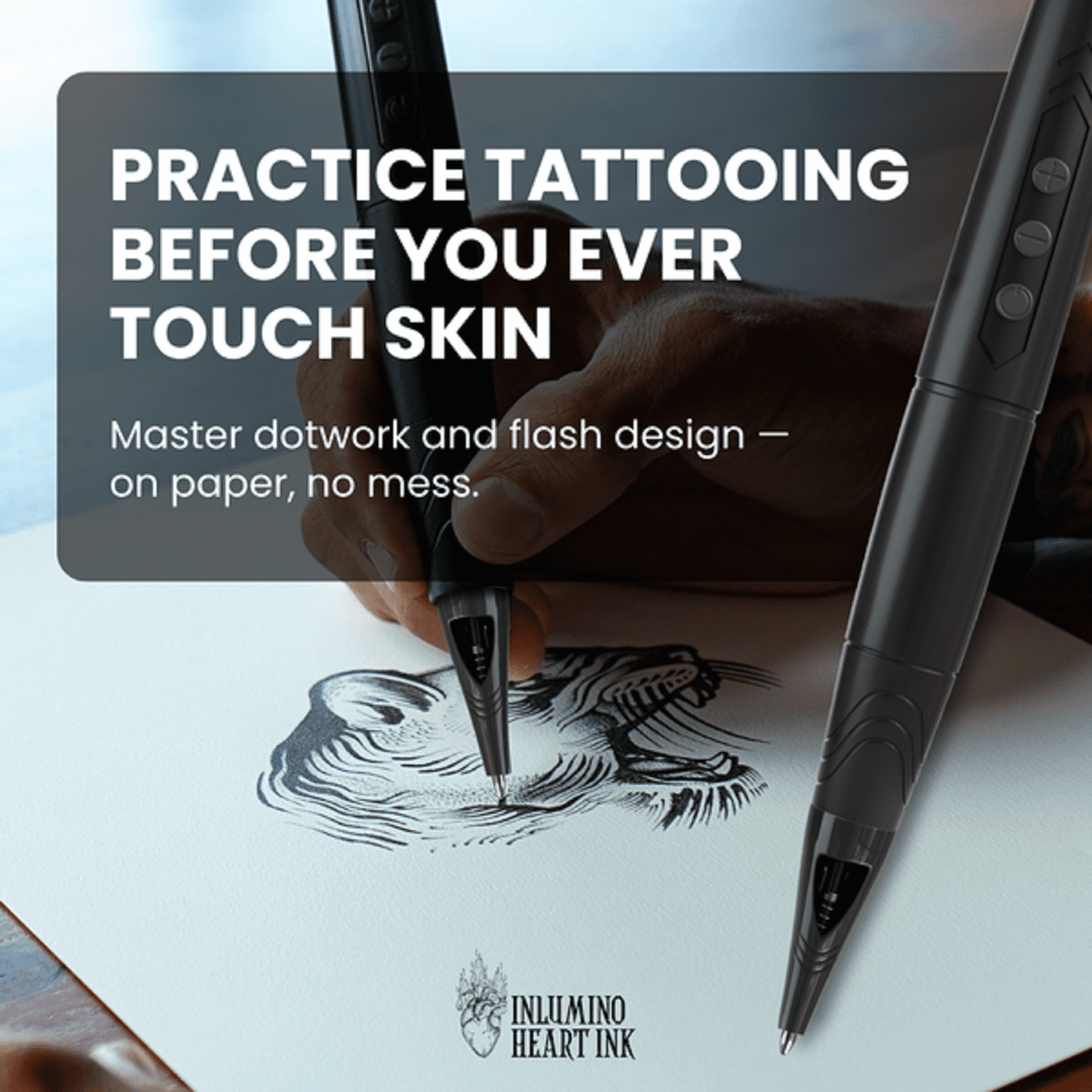 Inlumino Heart Ink Tattoo Practice Pen – Wireless Rotary Dot Pen Machine with 8 Black Ballpoint Cartridges – Tattoo Training Tool