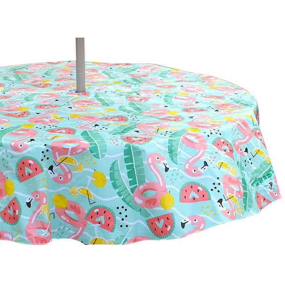 Serafina Home Summer Tropical Flamingo Pool Party Fun Vinyl Tablecloths: Patio Table Umbrella Tablecloth with Hole Zipper, Aqua Green Coral Red Yellow White, 70" Inch Round