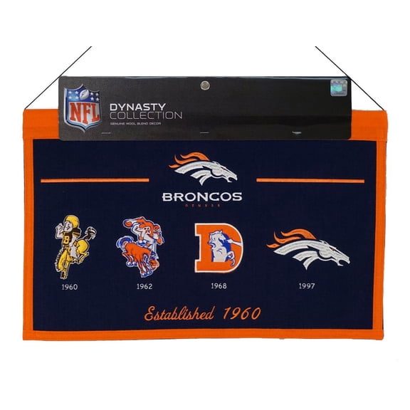 Denver Football Broncos 22x14 Wall Hanging Banner featuring logos from 1960, 1962, 1968 and 1997