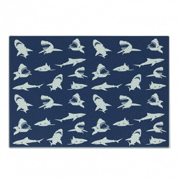 Shark Cutting Board, Fish Pattern Various Gestures Have a Bite Danger Humor Nautical Design, Decorative Tempered Glass Cutting and Serving Board, Small Size, Violet Blue White, by Ambesonne