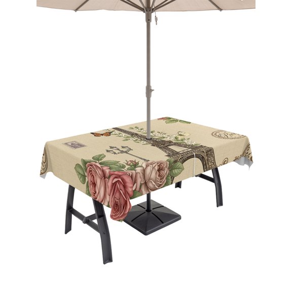 52x70 Inch Outdoor Tablecloth with Umbrella Hole Zipper Rectangle Eiffel Tower Rectangular Tablecloths Waterproof Rustic Butterfly Botanical Rose Flowers Brown Patio Table Cloth Cover for Picnic