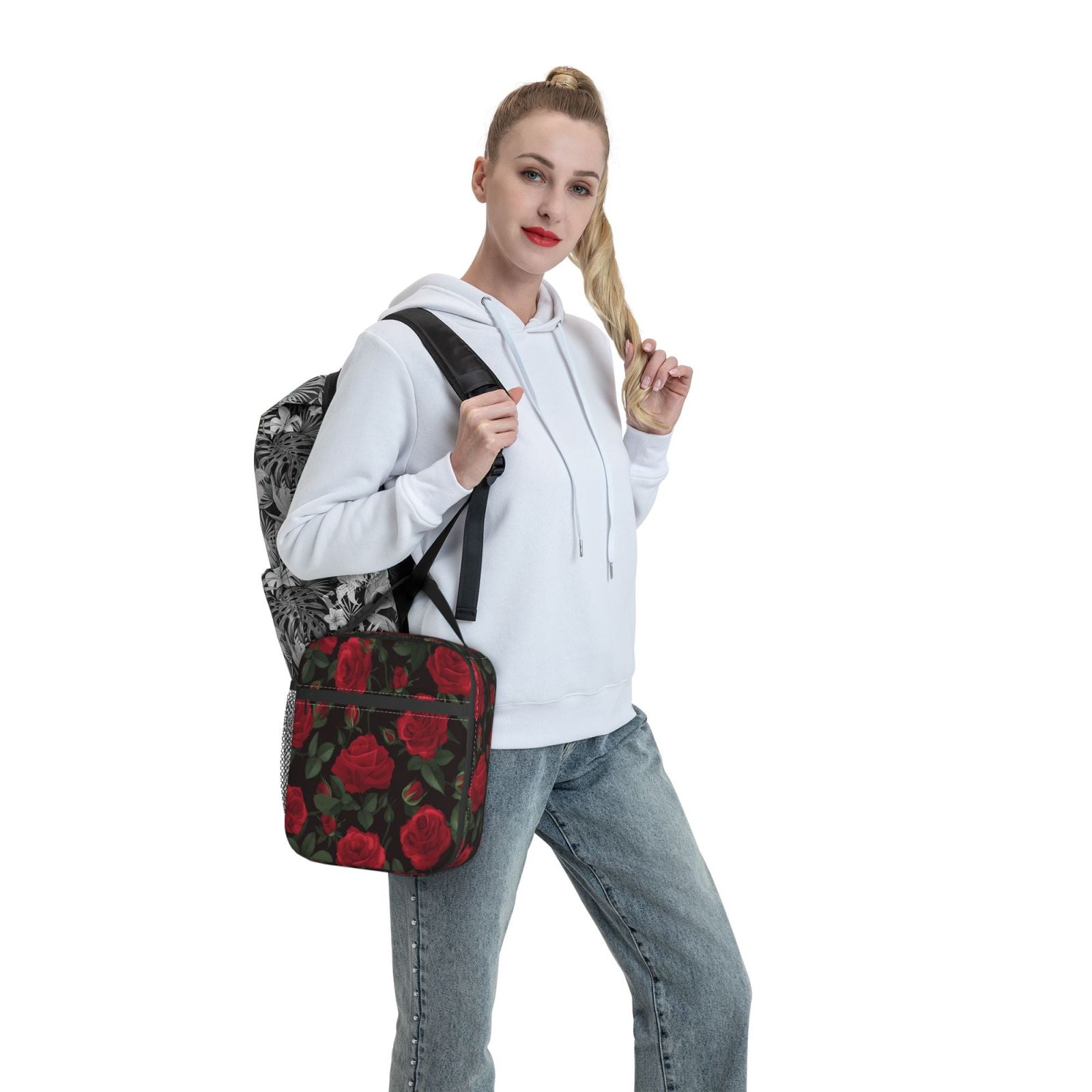 Lunch Bag For Women Men Insulated Portable Lunch Box Bento Box Office Picnic Travel Cooler Bag Red Rose Flower (2)