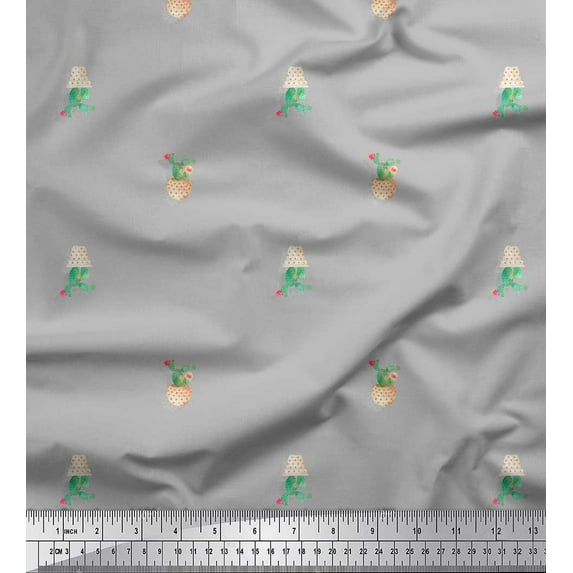 Soimoi Gray Modal Satin Fabric Cactus With Conical Pot Tree Print Sewing Fabric Yard 42 Inch Wide