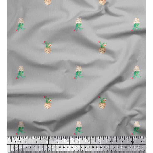 Soimoi Gray Cotton Voile Fabric Cactus With Conical Pot Tree Fabric Prints By Yard 56 Inch Wide