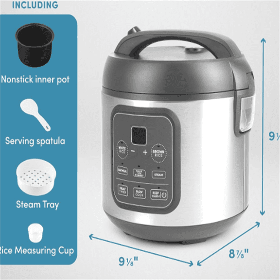 Professional Digital Rice Cooker, Multicooker, 4-Cup (Uncooked) / 8-Cup (Cooked), Steamer, Slow Cooker, Grain Cooker, 2Qt, Stainless Steel Exterior