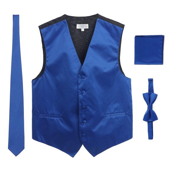 Gilet Formel pour Hommes 4 Pcs en Satin avec Nœud Papillon et Poche Carrée, Bleu Royal, Grand