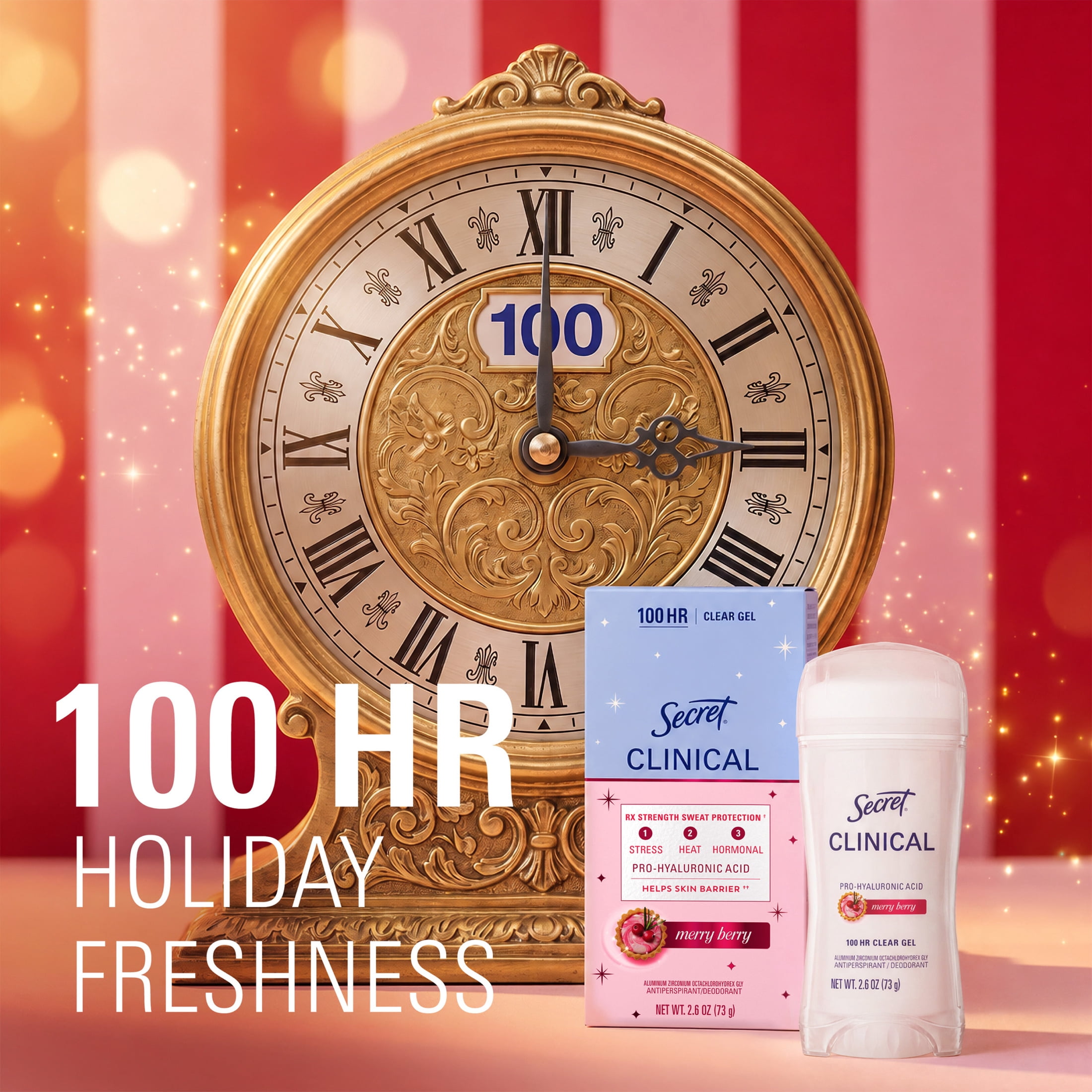 Secret 100HR Holiday Clinical Antiperspirant Deodorant for Women, Pro-Hyaluronic Acid, Clear Gel, Merry Berry, 2.6 oz