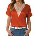 thumbnail image 1 of Blusa de manga corta con cuello en V y ribete de encaje para mujer: diseño femenino, tejido ligero, primavera/verano, tallas S-XXL, estilo versátil, 1 of 8