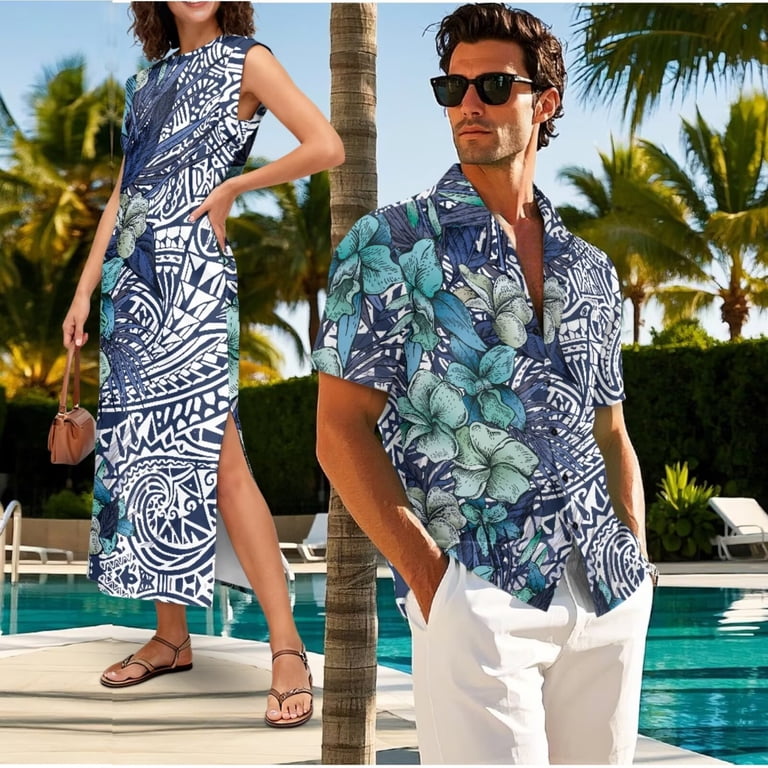 polynesian dress shirts Uorisanigo Polynesian Plumeria Couple Matching Outfit Men's Button Up Shirt  Comfort Hawaiian Shirts Workwear and Womens Sleeveless Dress Maxi Beach  Party Sundress with Split