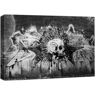 wall26 Canvas Print Wall Art Spray Paint Black & White Brick Wall Skull Tagging Graffiti & Street Art Urban Illustration Modern Art Dark Boho for Living Room, Bedroom, Office - 16"x24&qu