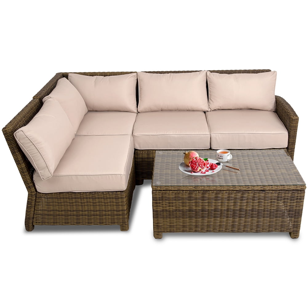Kadyn 4-Piece Rattan Sectional Sofa Sets, Outdoor Patio Furniture Set with Loveseat, One-seat chair, Corner Chair, Glass Table, PE Rattan Patio Conversation Furniture Sets for Garden, Khaki Kadyn 4-Piece Rattan Sectional Sofa Sets, Outdoor Patio Furniture Set with Loveseat, One-seat chair, Corner Chair, Glass Table, PE Rattan Patio Conversation Furniture Sets for Garden, Khaki