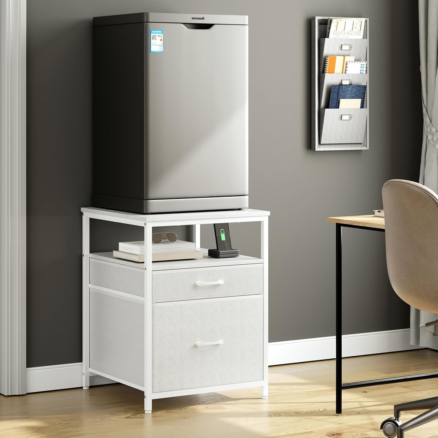 Mini Fridge Stand with 3 Storage, Mini Fridge Cabinet, Beverage Fridge Table, Heavy Duty 18.11" L* 18.11" W Tabletop, for Dorm, Apartment,Office, Bedroom