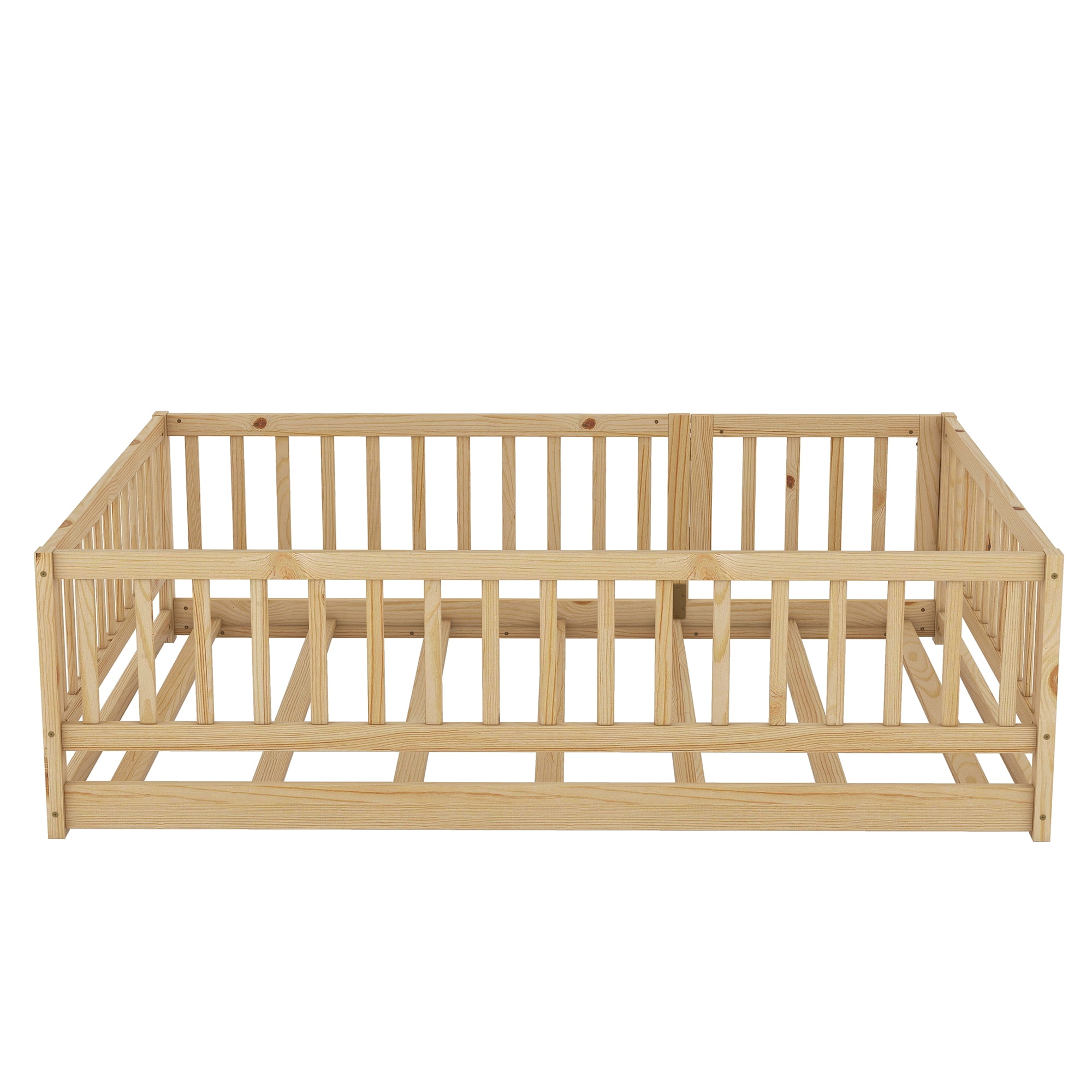 Full Size Montessori Floor Bed with Fence and Door, Solid Wood Kids Bed and Toddler Playhouse Bed with Slats, Oak