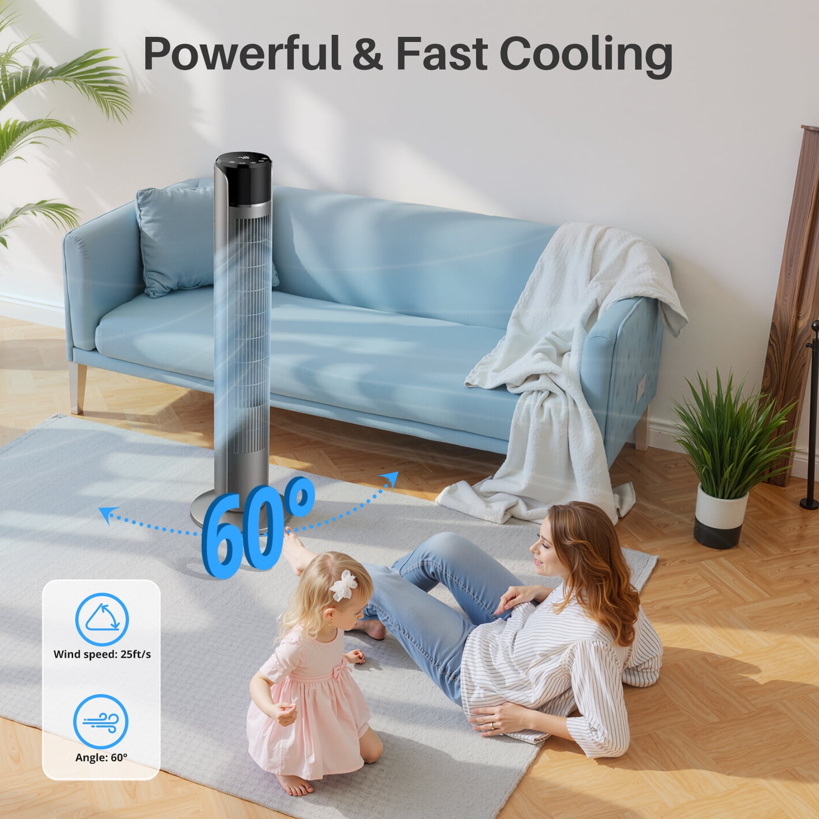 Tower Fan for Home, 36" Standing Floor Fan with Remote, Bladeless Fan Cold Air Quiet, 5 Speeds, 4 Modes, LED Display, Gray